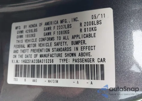 2011 Honda Accord 2.4 Lx-S z USA, uszkodzony, nr VIN 1HGCS1A33BA015256